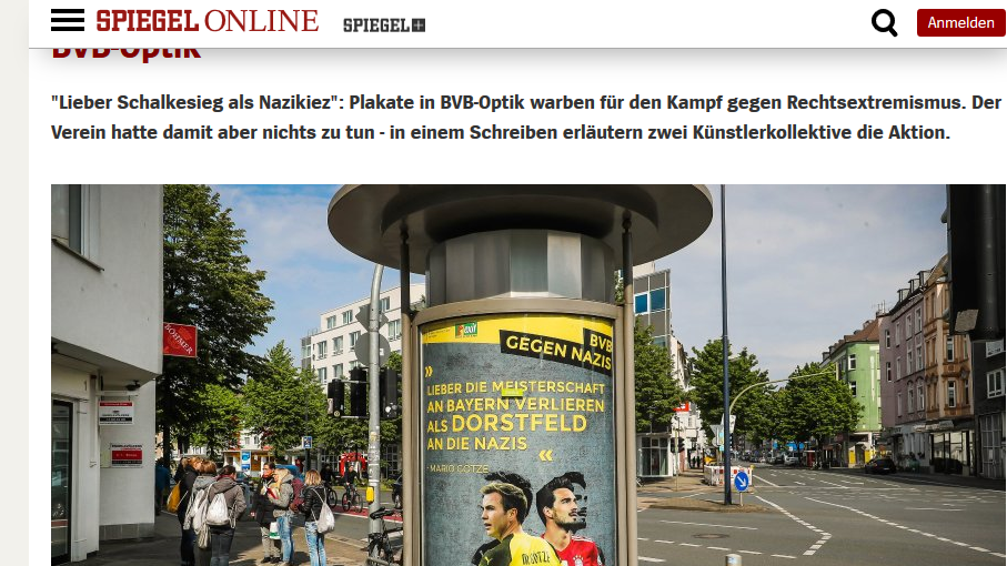 Vermeintliches BVB-Plakat in Dortmund (am 11. Mai). Spiegel-Artikel